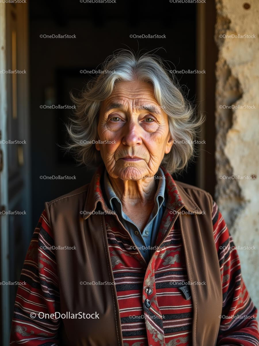 Elderly Woman in Striped Shirt with Thoughtful Expression