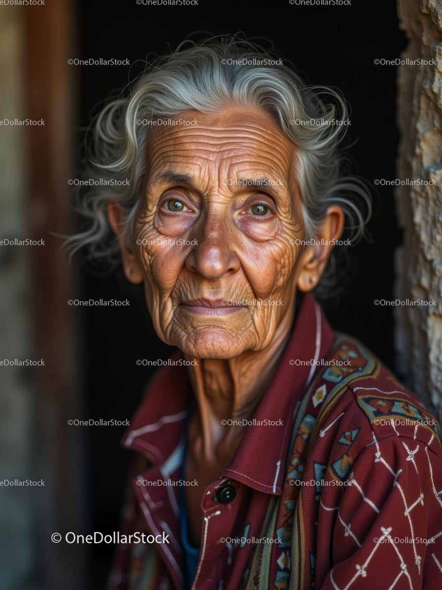 Elderly Woman in Traditional Attire with Expressive Eyes