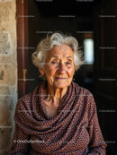 Elderly Woman Smiling in Warm Clothing by a Stone Wall