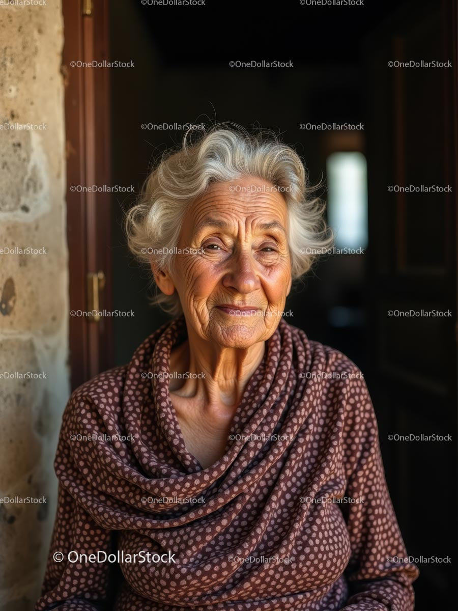 Elderly Woman Smiling in Warm Clothing by a Stone Wall