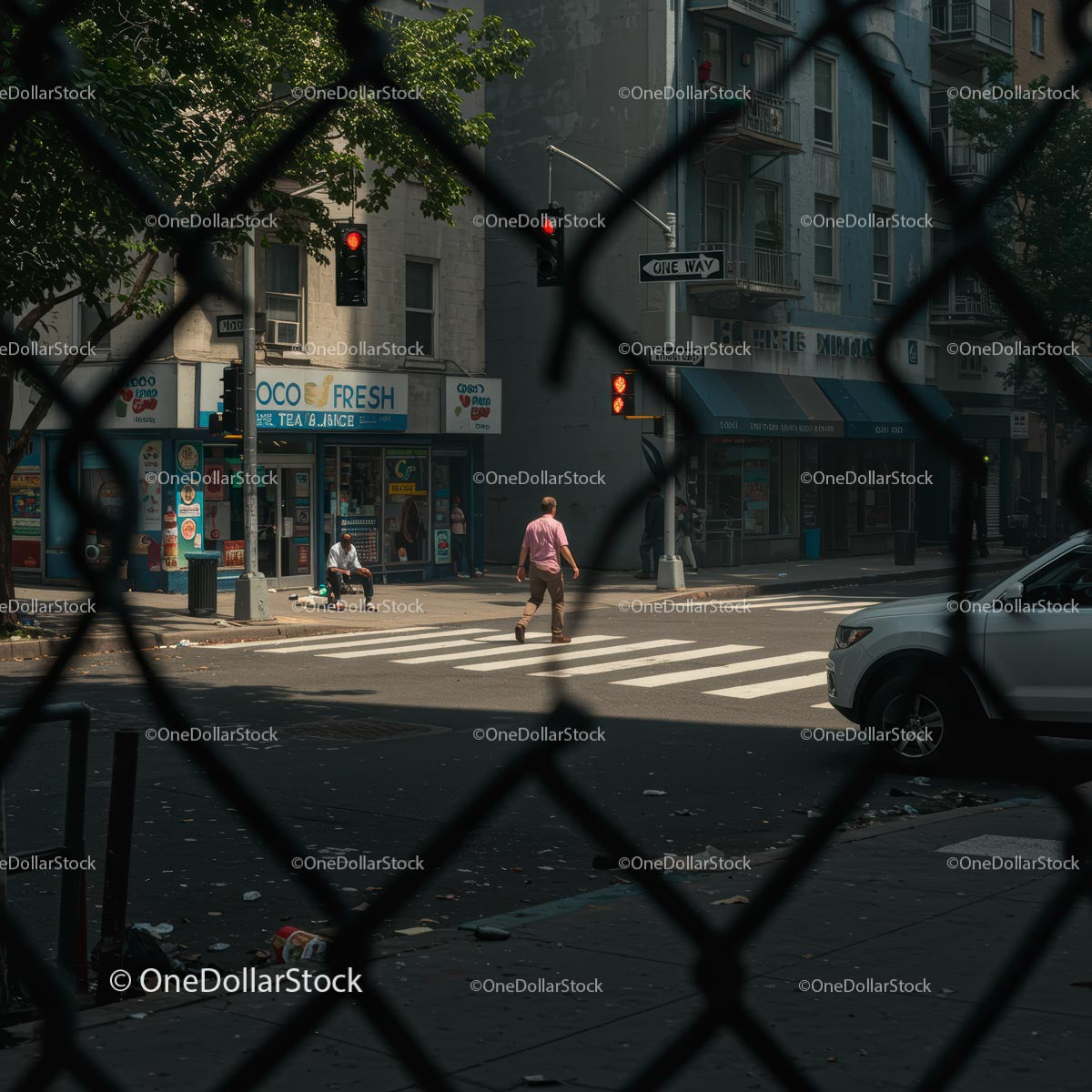 Urban Street Scene with Chain Link Fence and Pedestrian