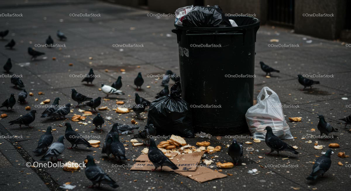 Pigeons Scavenging Around City Trash Bin