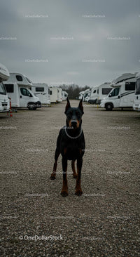 Alert Doberman at a Caravan Park on a Cloudy Day
