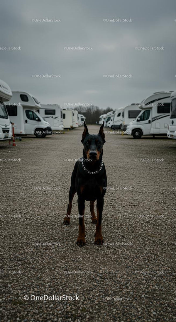 Czujny Doberman na Polu Caravaningowym w Pochmurny Dzień