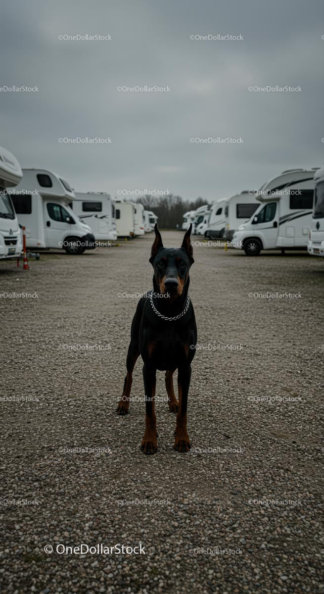 Alert Doberman at a Caravan Park on a Cloudy Day