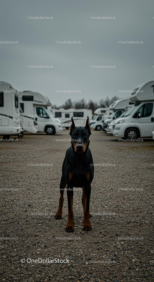 Doberman Standing Guard at a Campsite