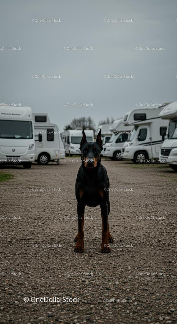 Czujny Doberman Pilnuje Kamperów na Pochmurnym Kempingu RV