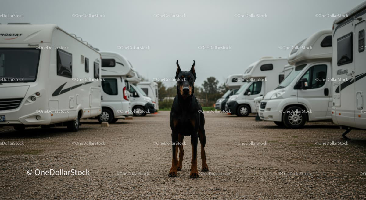 Alert Doberman Guarding Motorhomes at RV Park