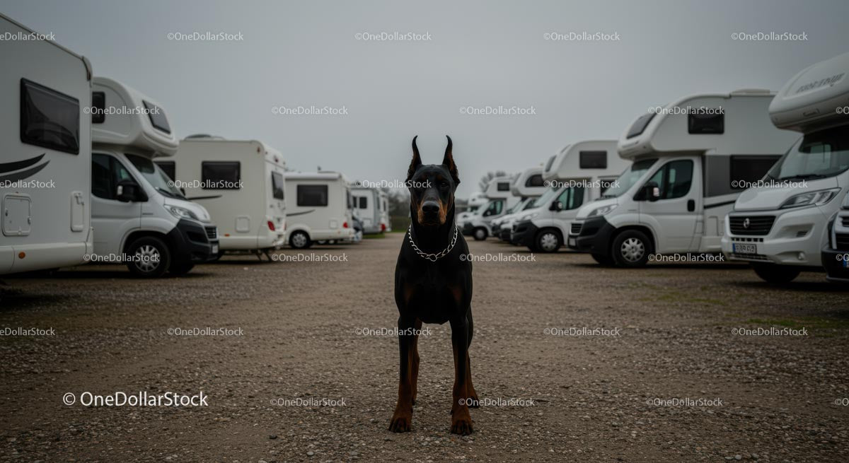 Alert Doberman in RV Park Amidst Motorhomes