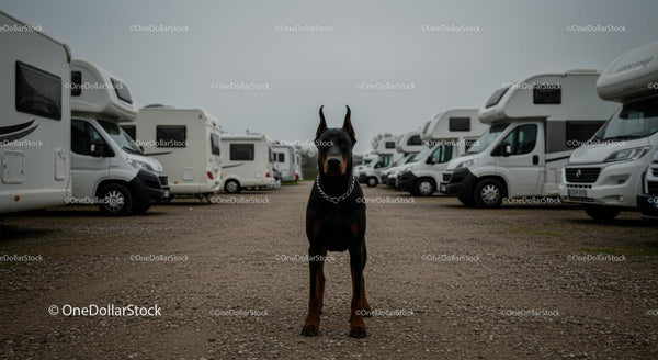 Czujny Doberman na terenie kempingu dla kamperów