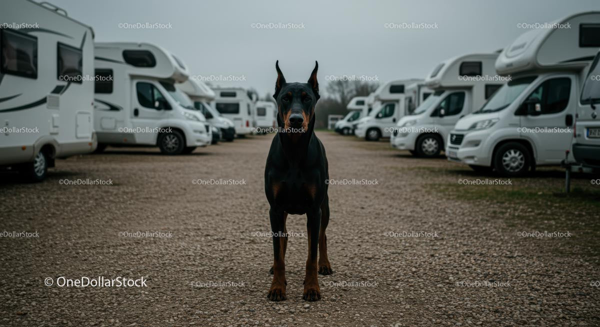 Majestic Doberman Guarding a Row of Motorhomes