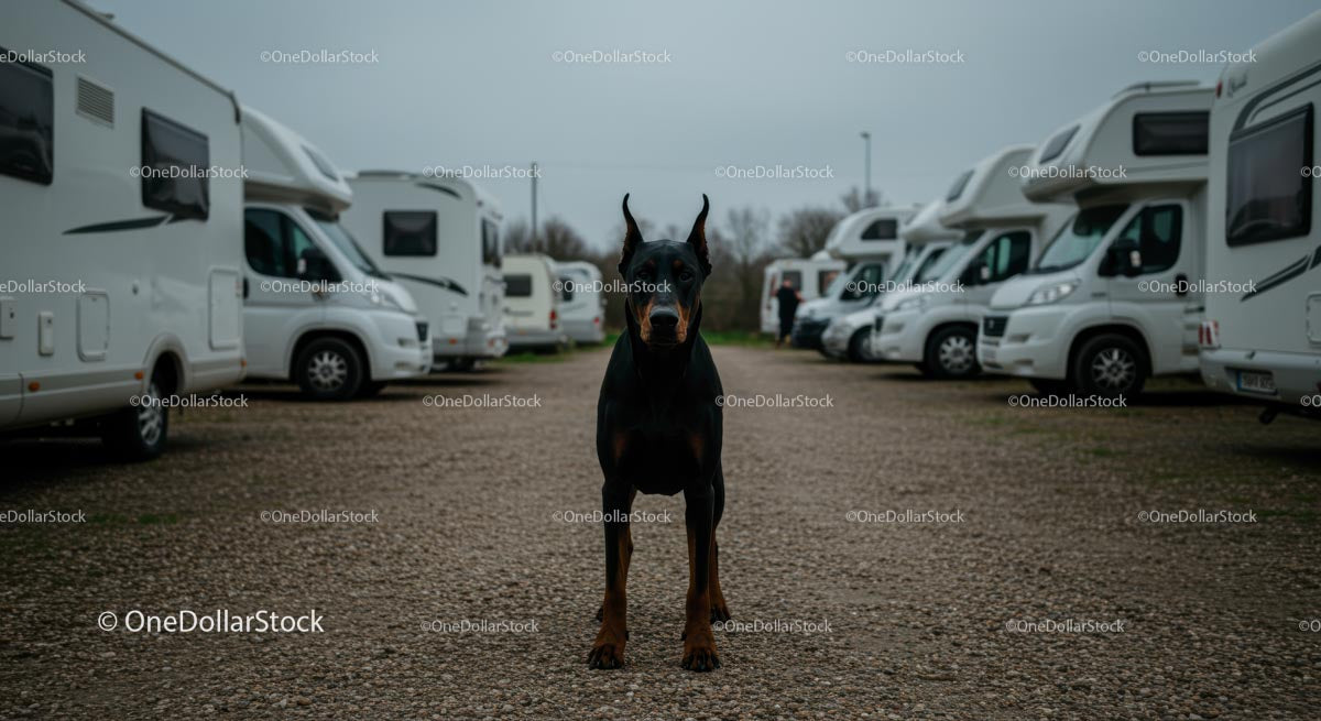 Doberman in Camper Van Parking Lot