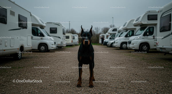 Doberman na parkingu kamperów
