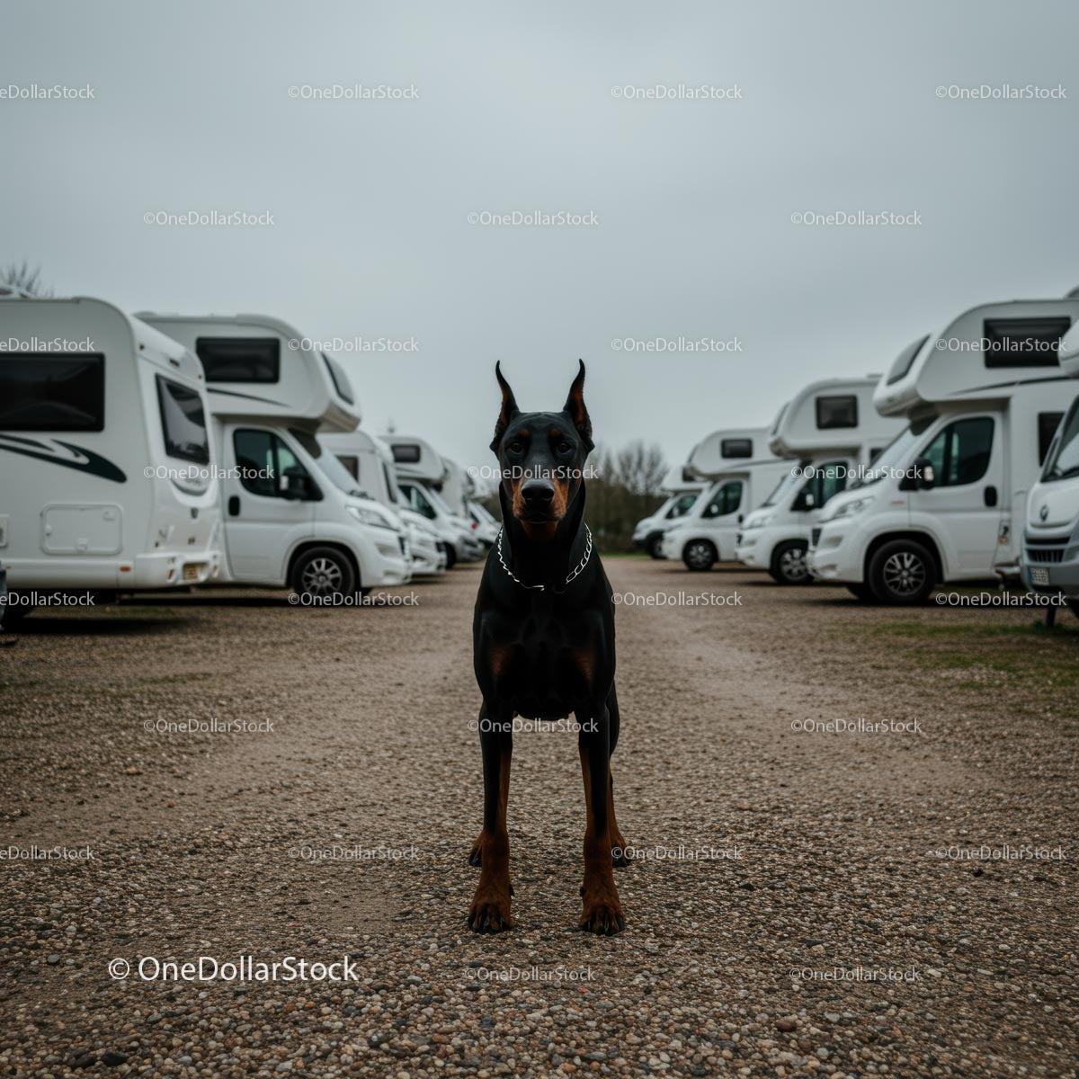 Alert Doberman Standing Among Parked Caravans