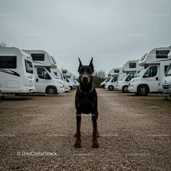 Alert Doberman Standing Among Parked Caravans