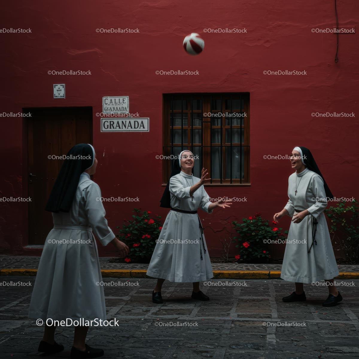 Nuns Playing Volleyball on a Vibrant Street