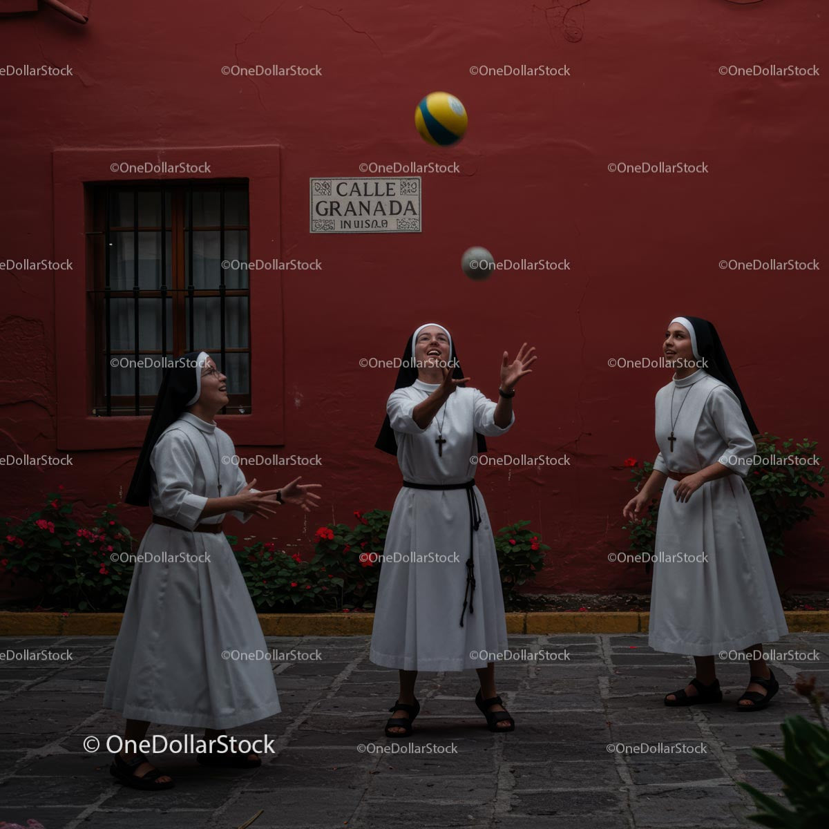 Joyful Nuns Juggling in a Vibrant Urban Setting