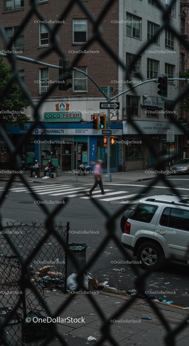 Pedestrian Crossing Urban Street Through Chain Link Fence