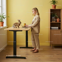Woman Working at Standing Desk with Rabbit in Modern Office