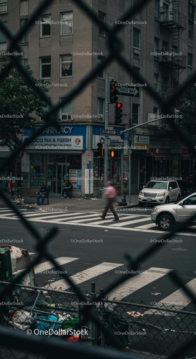 Busy City Intersection with Pedestrians and Traffic Lights