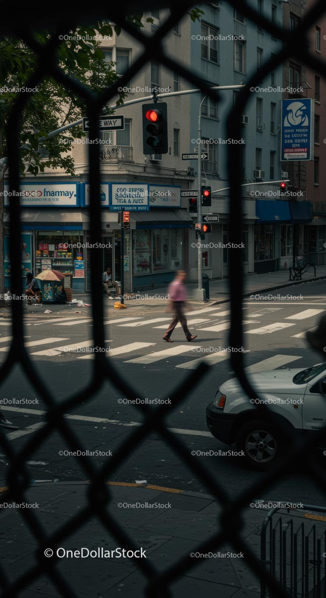 Pedestrian Crossing City Street at Red Traffic Signal