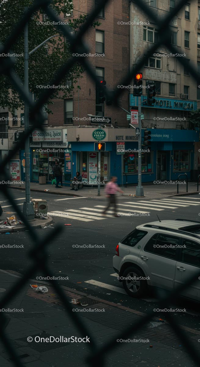 Urban Street Scene with Blurred Pedestrian at Crosswalk