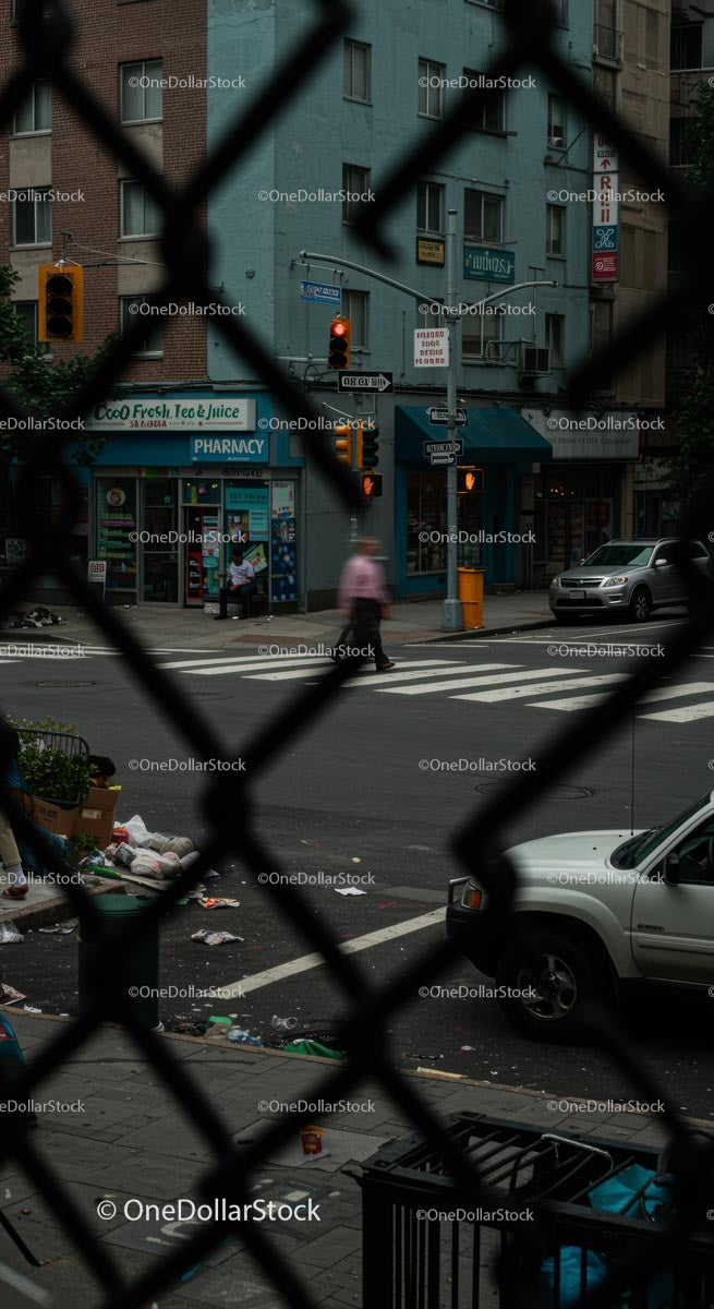 Urban Street Corner with Pharmacy and Pedestrian