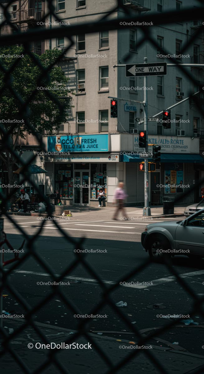 Urban Street View with Blurred Motion and Fence Foreground