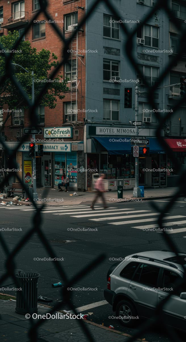 Urban Street Scene Through Chain Link Fence