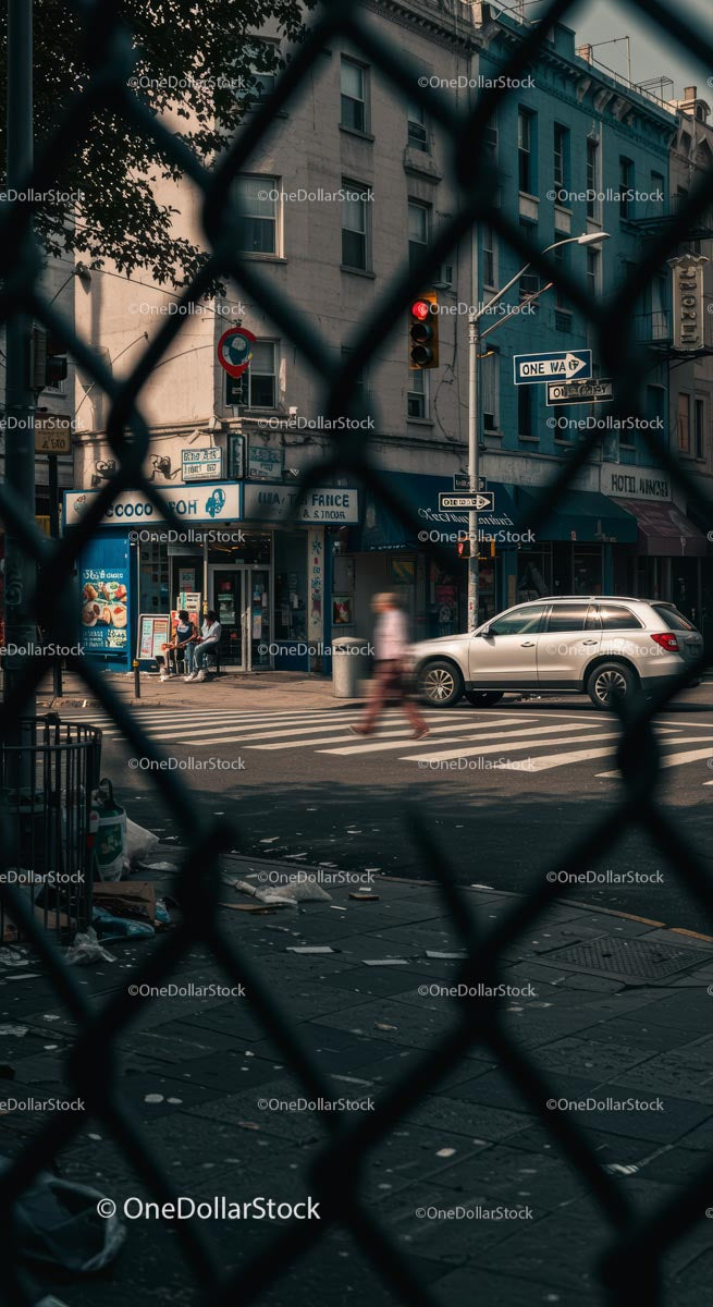 Urban Street Scene with Chain-Link Fence View