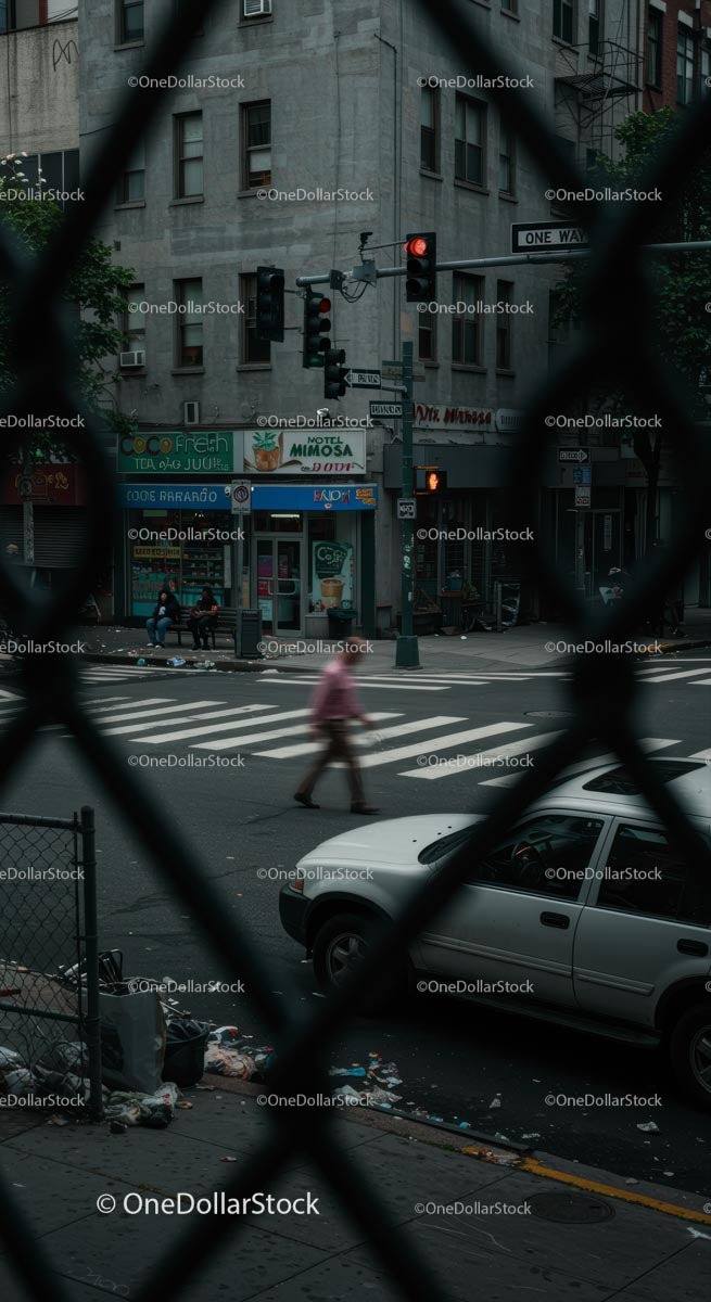 City Street View with Pedestrian at Crosswalk