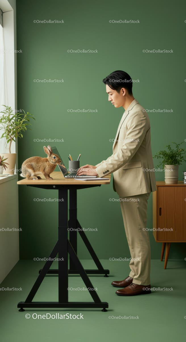 Businessman Working at Standing Desk with Rabbit