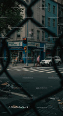 Urban Street Corner with Blue Building and Traffic Light