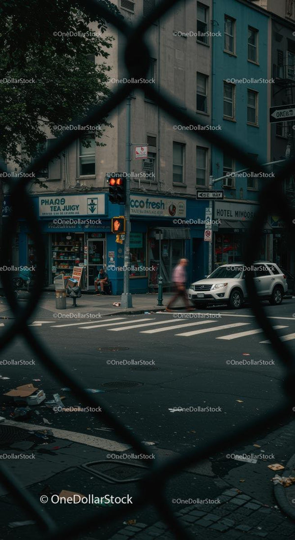 Urban Street Corner with Blue Building and Traffic Light
