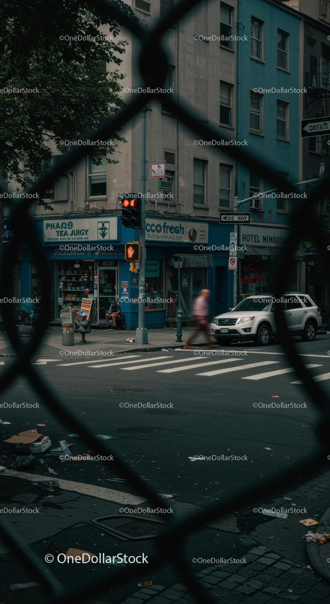 Urban Street Corner with Blue Building and Traffic Light