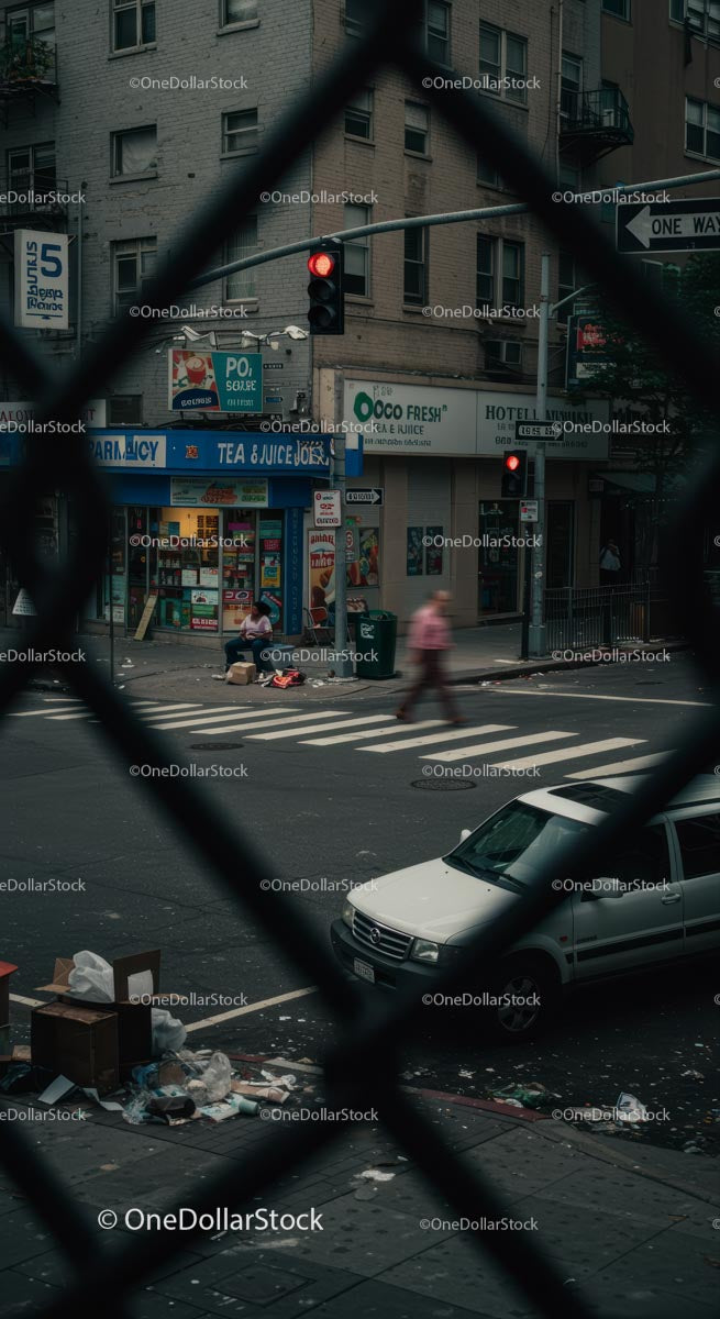 Urban Crossroads with Traffic Light and Pedestrian