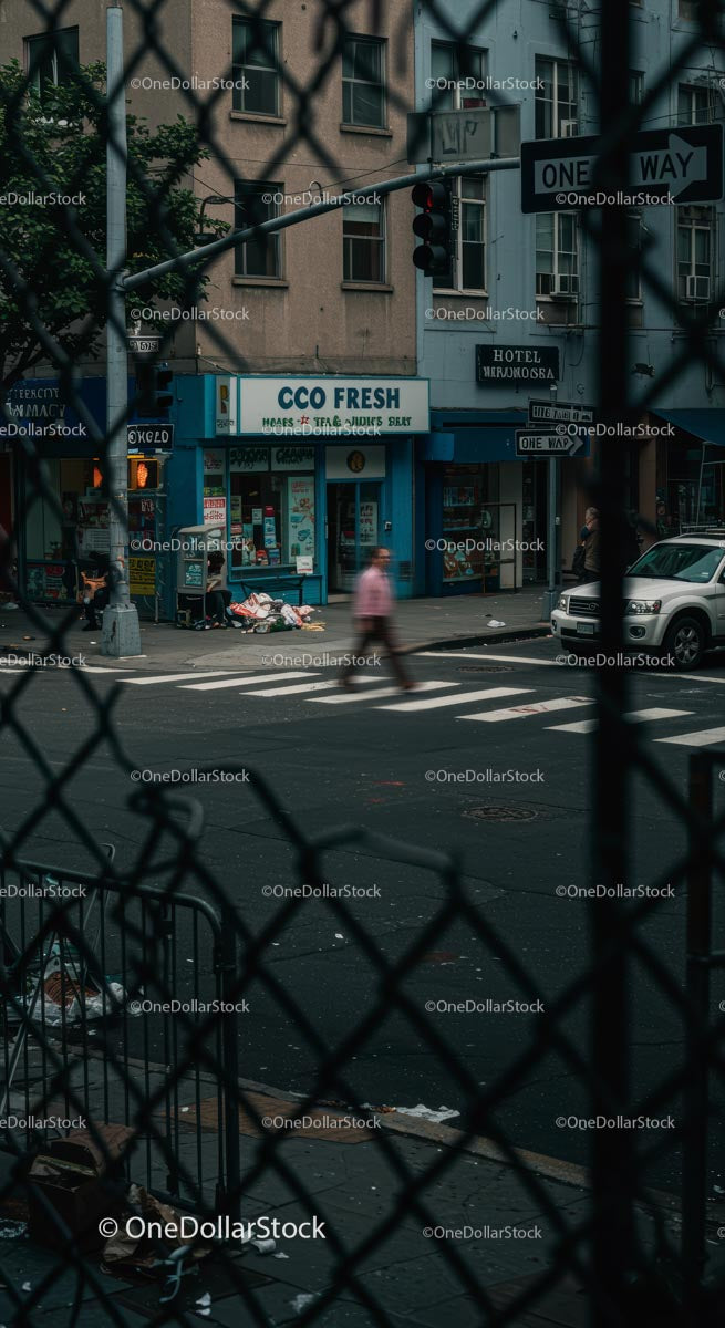 City Street with Chain Link Fence and Pedestrian