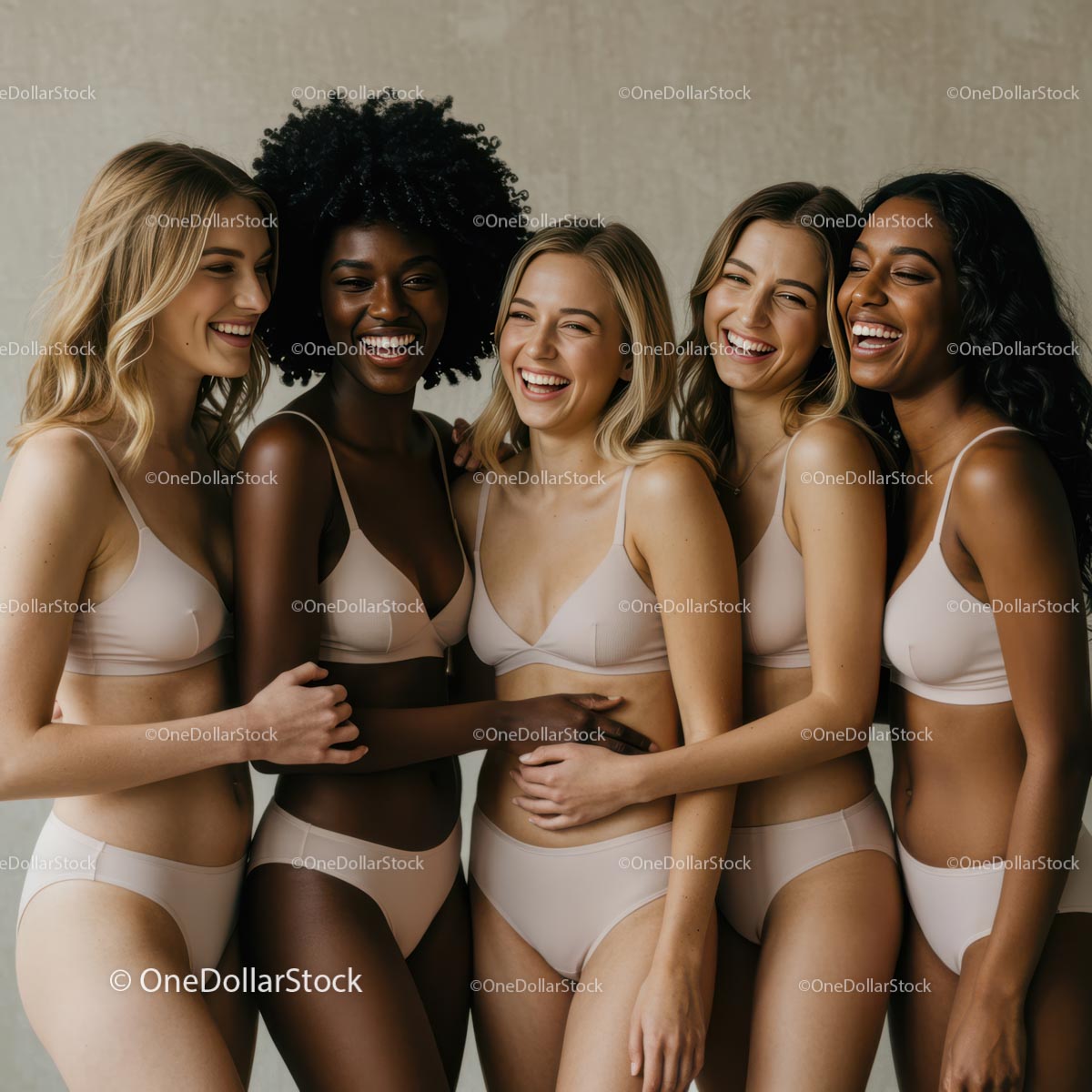 Diverse Group of Women Laughing Together in Underwear