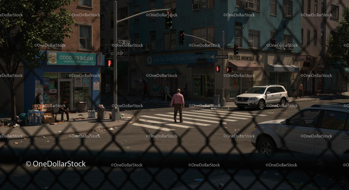 City Street with Pedestrian and Traffic Lights