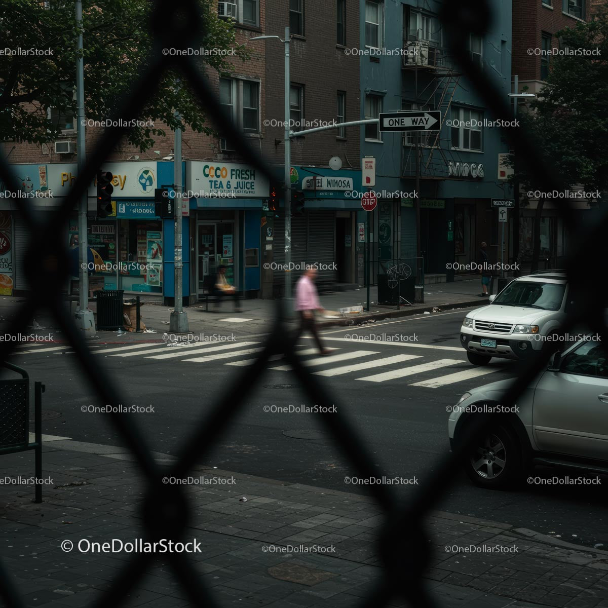 Urban Street View Through Chain-Link Fence