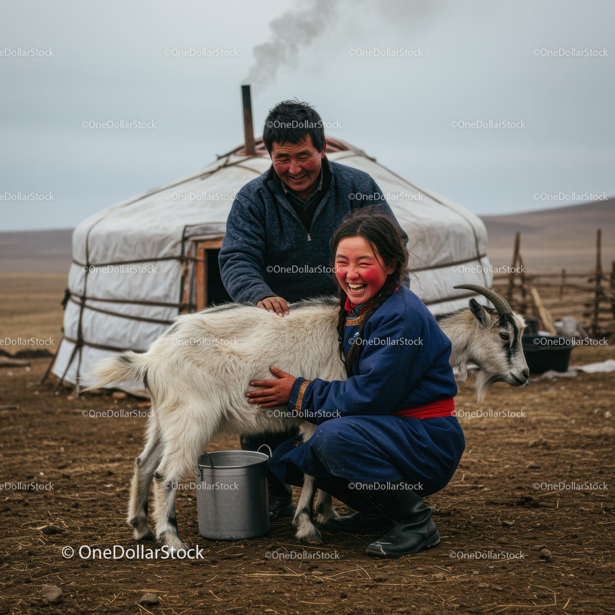 Smiling Mongolian Family with Goat by Traditional Yurt