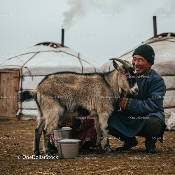 Uśmiechnięty rolnik doi kozę obok tradycyjnego mongolskiego jurty