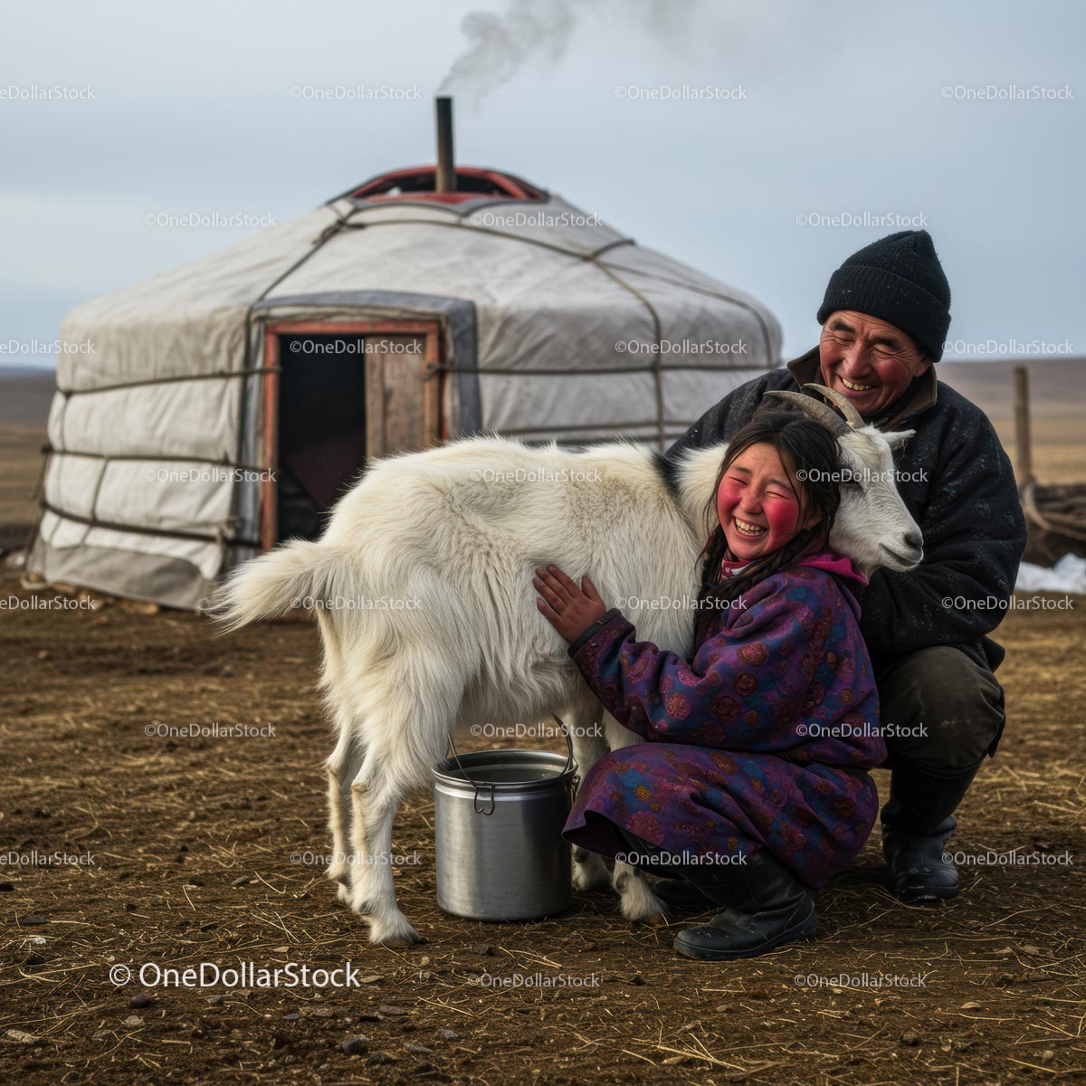 Father and Daughter with Goat in Front of Yurt