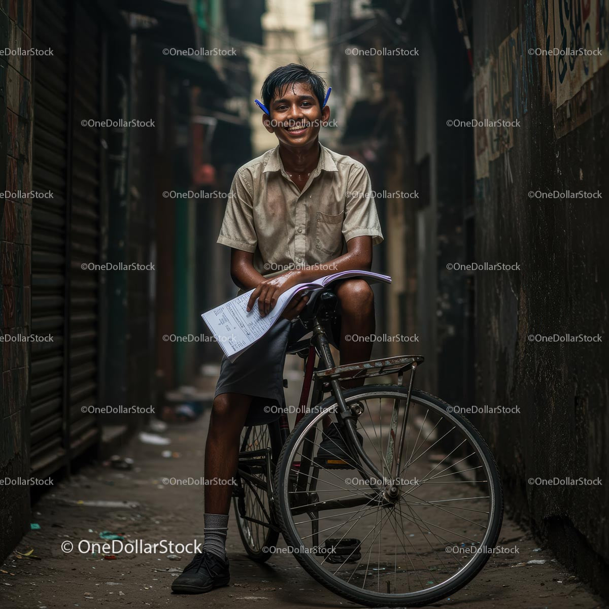 Young Student Smiling on Bicycle in Urban Alley
