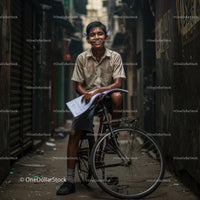 Young Student Smiling on Bicycle in Urban Alley