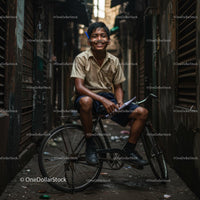 Happy Boy on Bicycle in Urban Alleyway