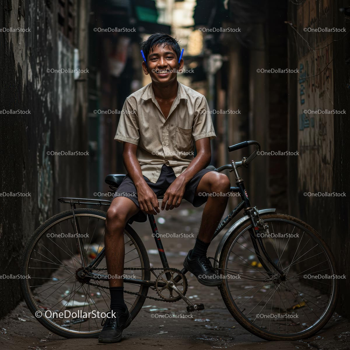Smiling Boy Sitting on a Bicycle in Urban Alley