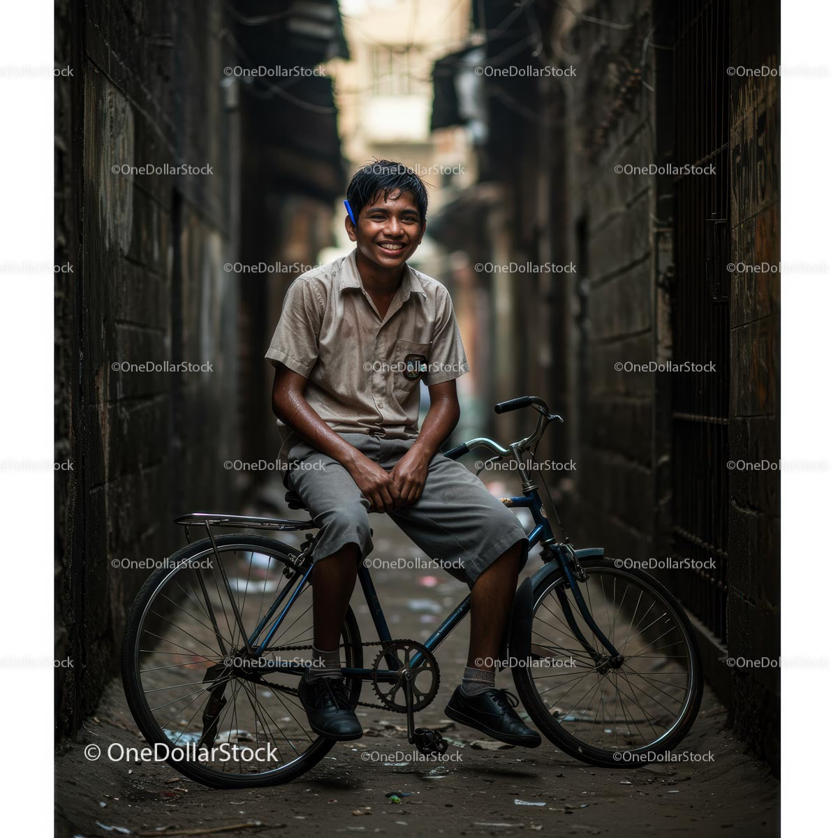 Smiling Boy Enjoying a Ride in a Vibrant Urban Alley