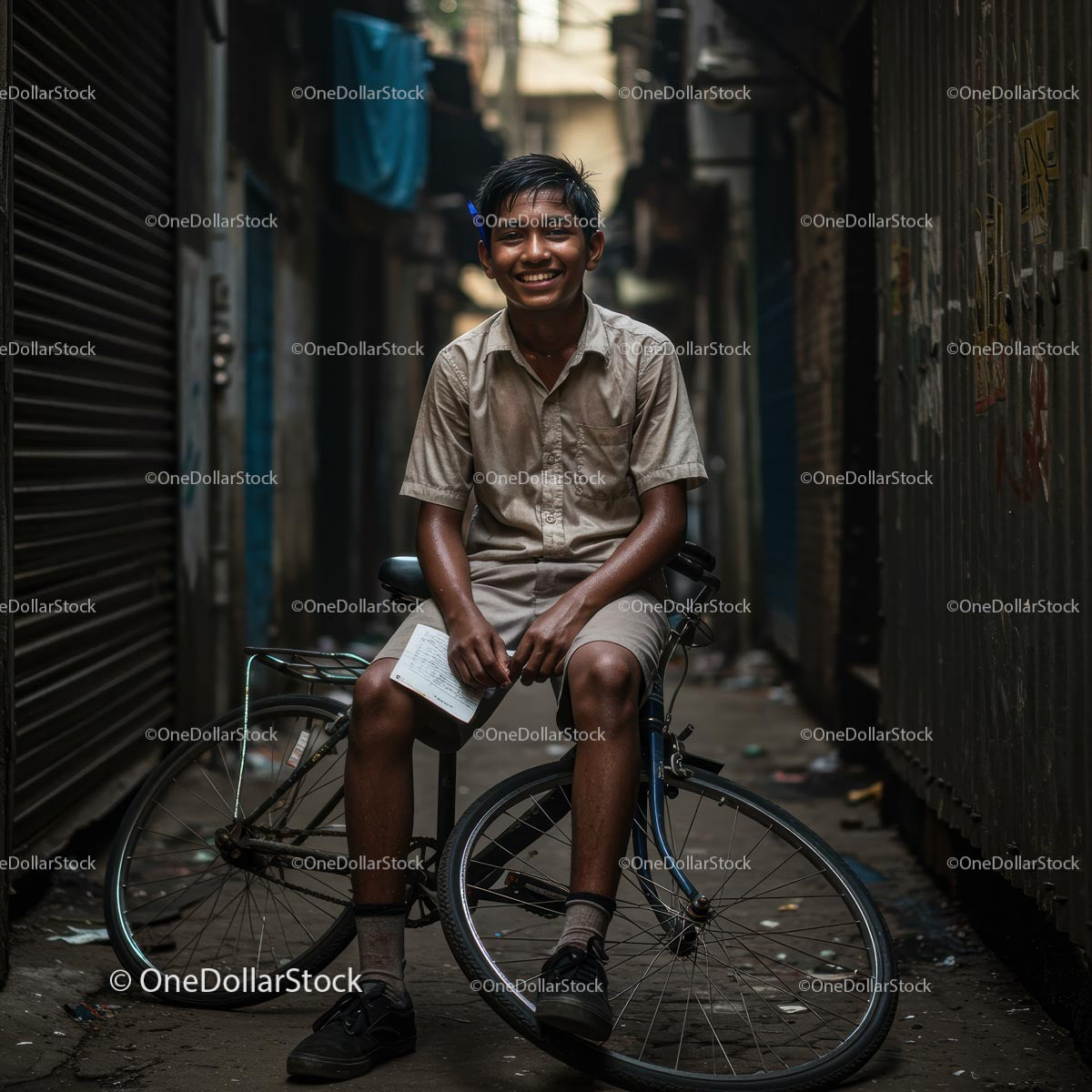 Smiling Boy Relaxing on a Bicycle in a Narrow City Alley