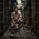Smiling Boy on Vintage Bicycle in Urban Alleyway